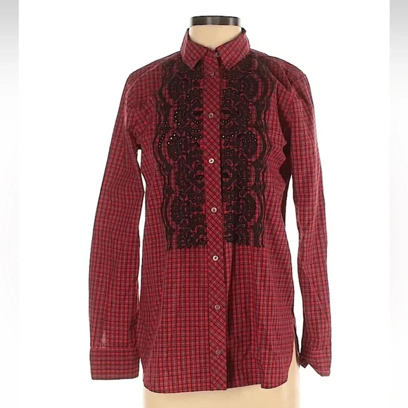 J. Crew Women’s Red Gali Embellished Plaid Shirt Button Down Shirt Blouse Size 2 - Picture 2 of 7